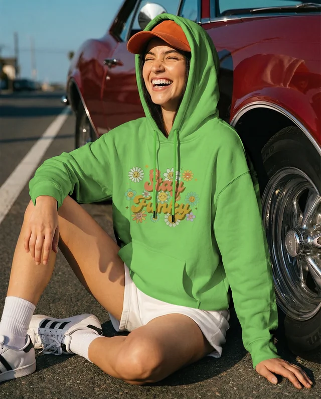 Casual Hoodie Mockup of a Young Woman by Vintage Car