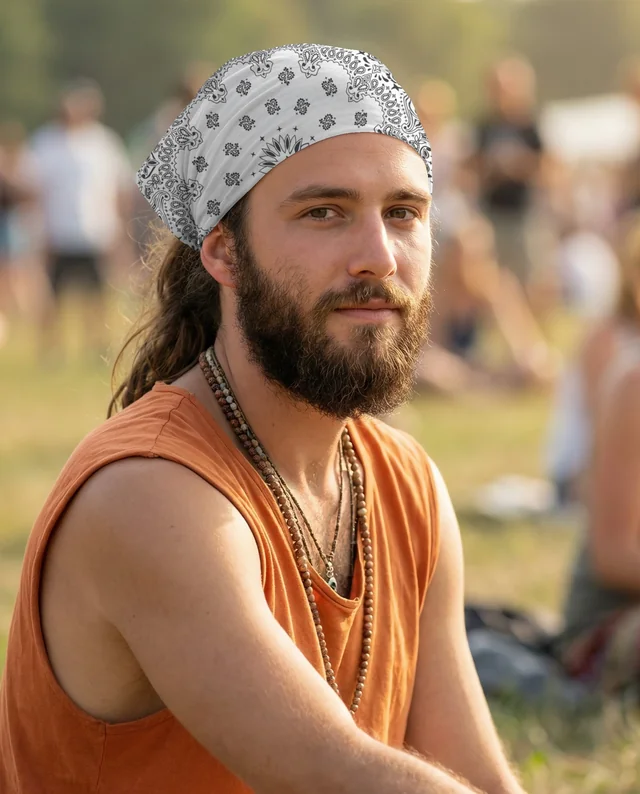 Relaxed Young Man in Bandana Mockup at Outdoor Festival