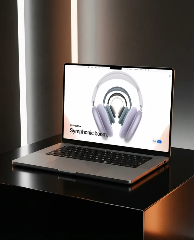 Sleek MacBook Mockup on Glossy Surface with Ambient Lighting