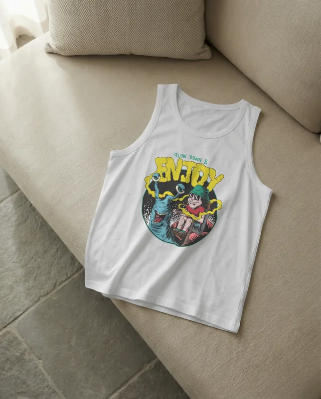 Elegant Mockup of a White Tank Top on a Beige Sofa