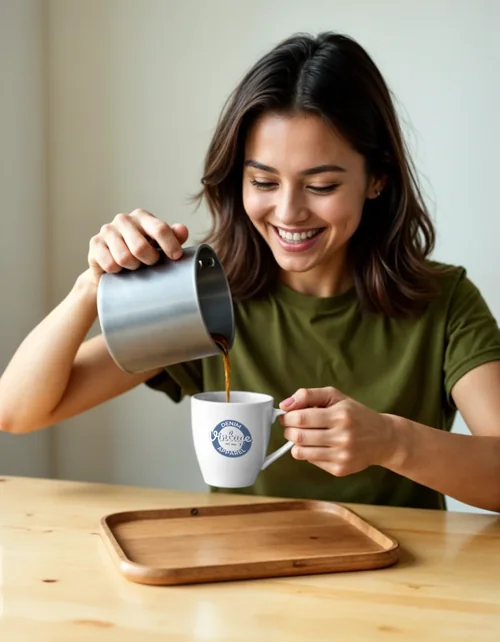 Bright Olive Green Mug Mockup with Natural Wooden Background