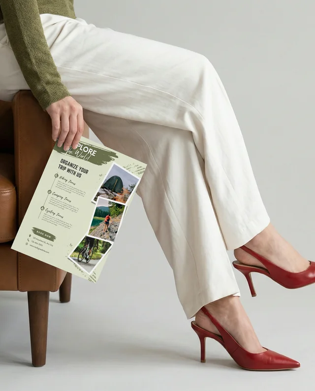 Chic Woman Mockup Holding Flyer in Modern Setting
