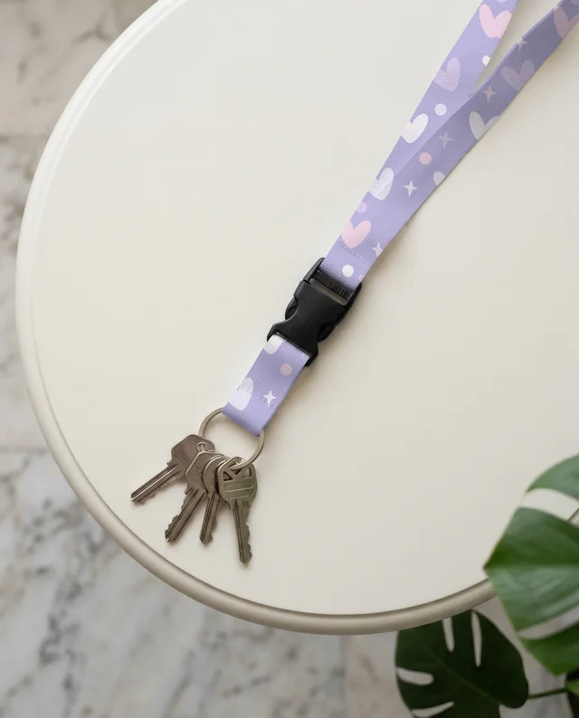 Modern Lanyard Mockup with Silver Keys on Light Table