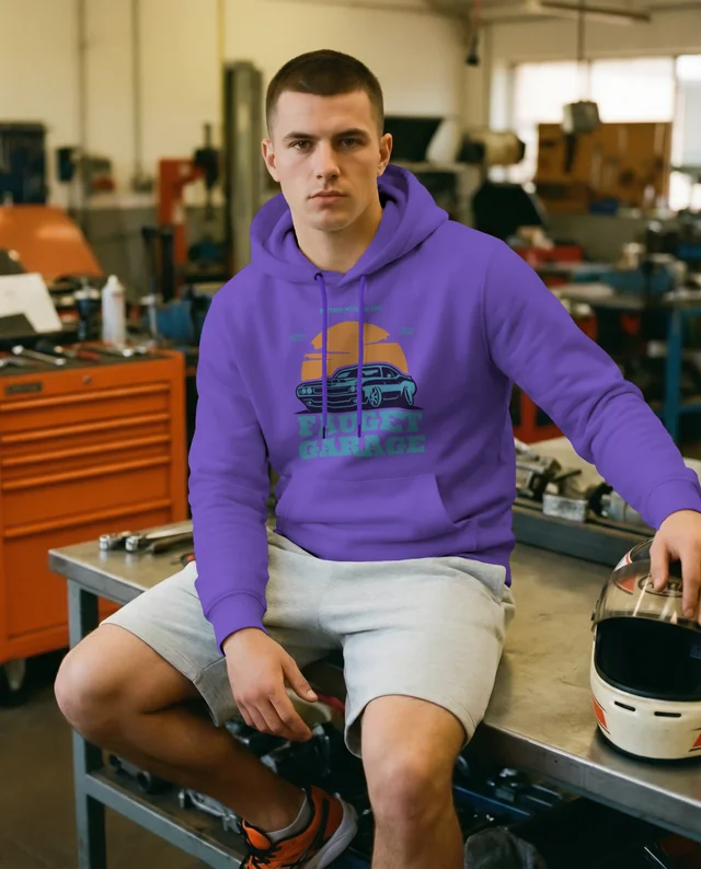 Stylish Hoodie Mockup in a Mechanic's Workshop