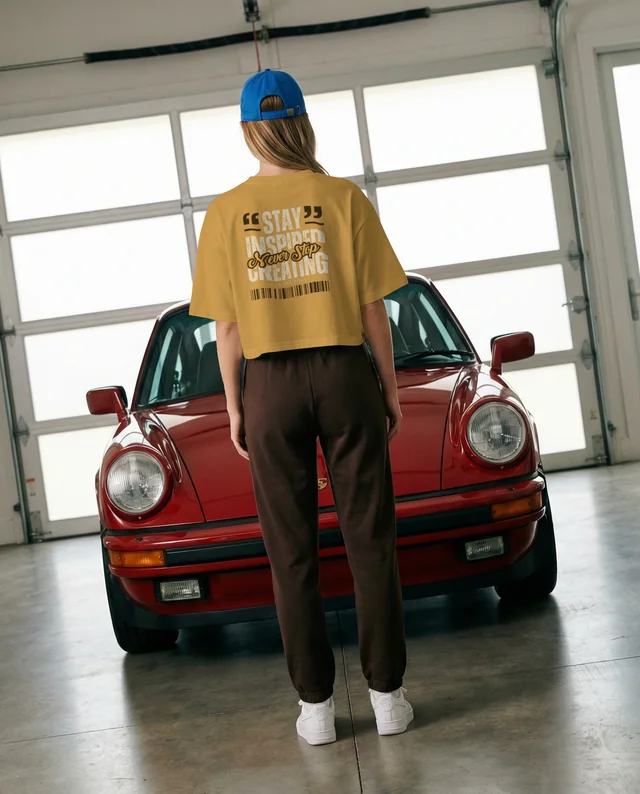 Young Woman in Crop Top by Classic Red Sports Car Mockup