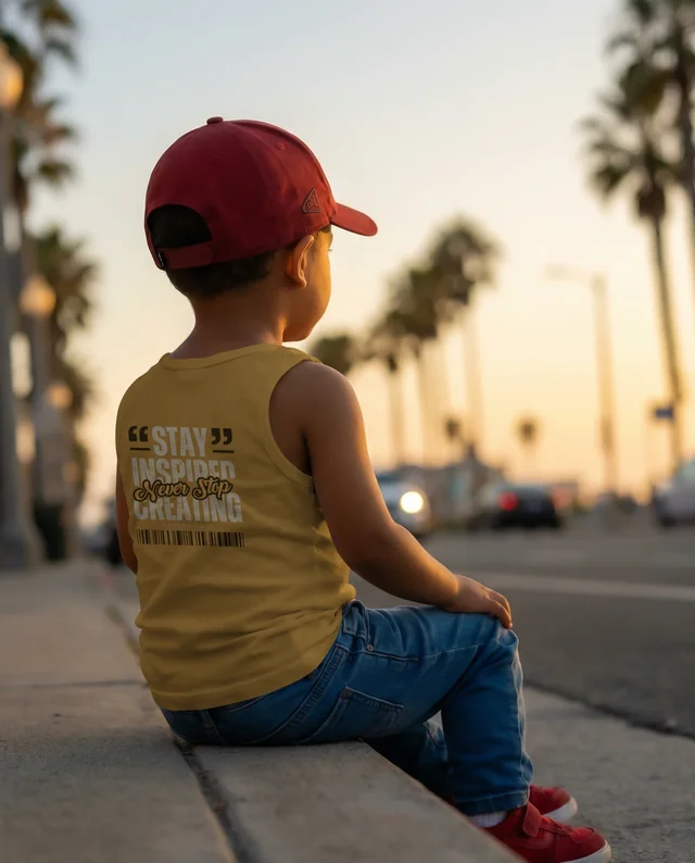 Charming Child Mockup in Tank Top at Sunset Scene