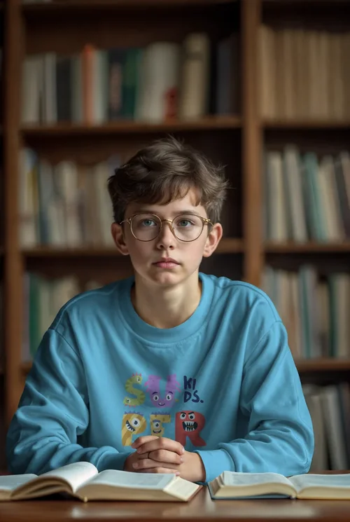 Cozy Library Mockup Featuring a Thoughtful Boy in Sweatshirt