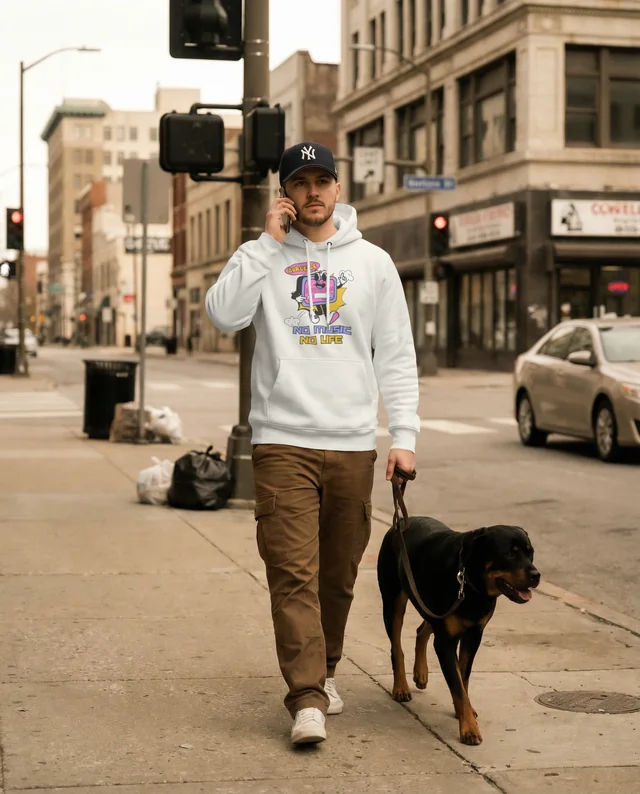Urban Hoodie Mockup with Young Man and Rottweiler