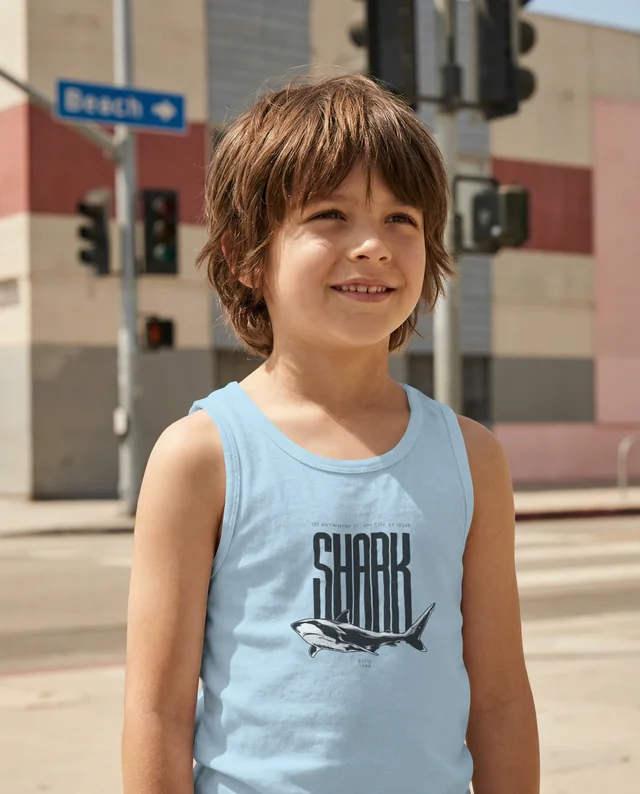 Joyful Boy in White Tank Top Mockup on City Street