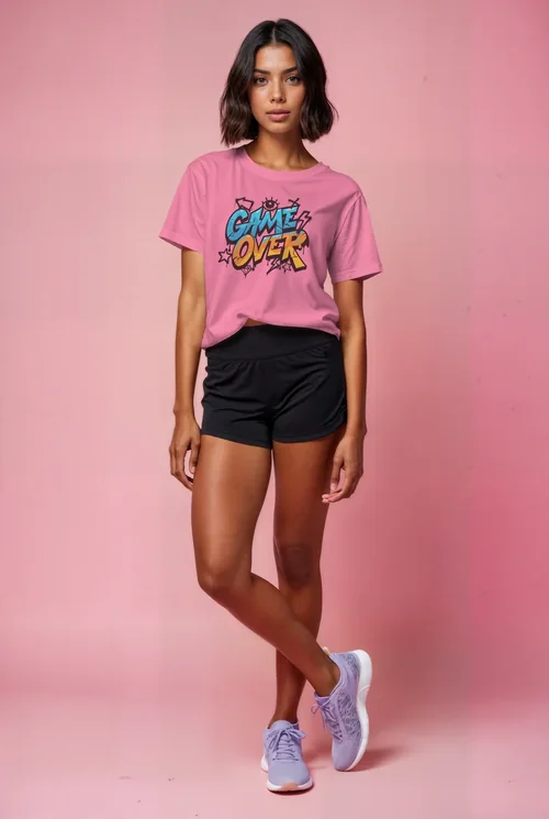 Mockup of Confident Woman in T-Shirt Against Pink Background