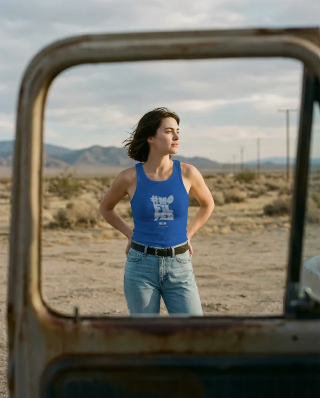 Confident Woman in White Tank Top Desert Mockup Scene