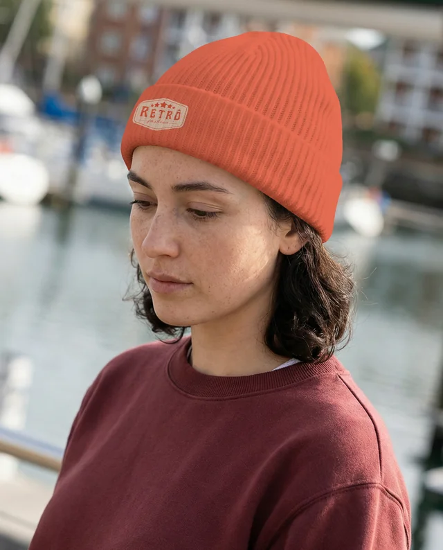 Contemplative Young Woman in Beanie Mockup at Marina