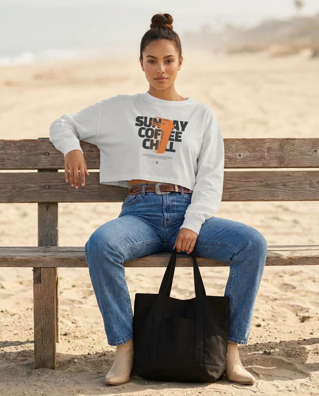 Stylish Mockup of a Young Woman in a Crop Top at the Beach