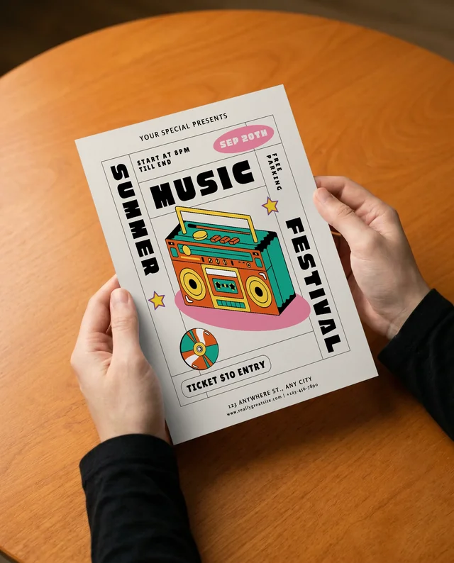 Elegant Mockup of Hands Holding a Blank Flyer Above Table