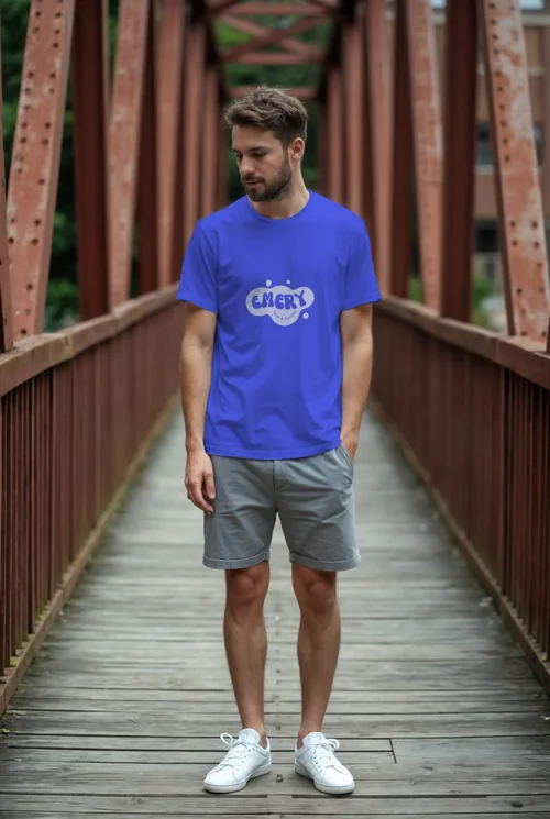 Casual T-Shirt Mockup: Young Man on Rustic Bridge