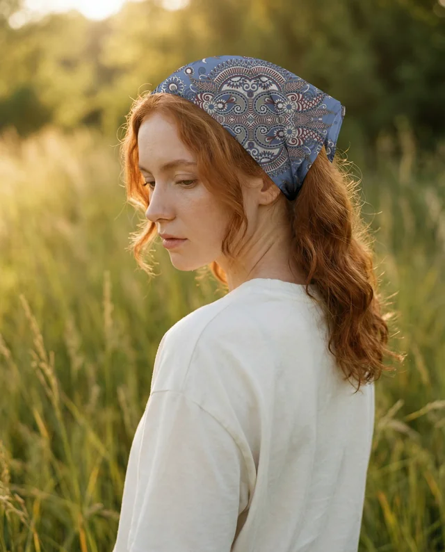 Serene Mockup of a Woman in a Bandana in Nature