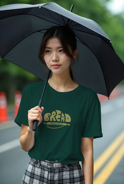 Stylish T-Shirt Mockup Featuring a Thoughtful Young Woman