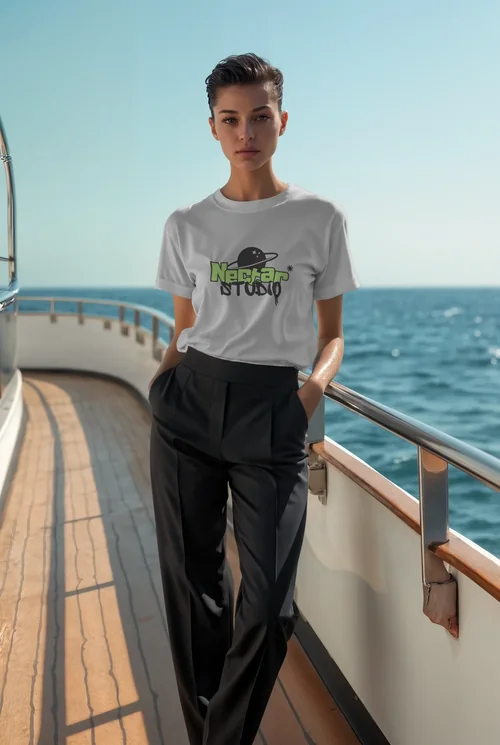 Elegant T-Shirt Mockup of a Supermodel on a Yacht