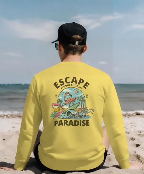 Relaxing Mockup of Young Man in Sweatshirt on Beach