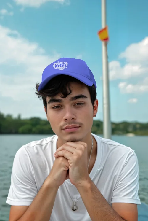 Serene Hat Mockup of Young Man by Water