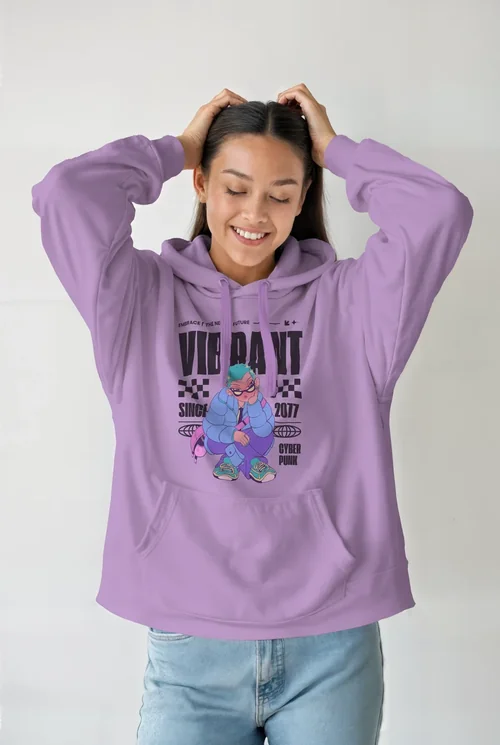 Joyful Young Woman in White Hoodie Mockup with Soft Colors