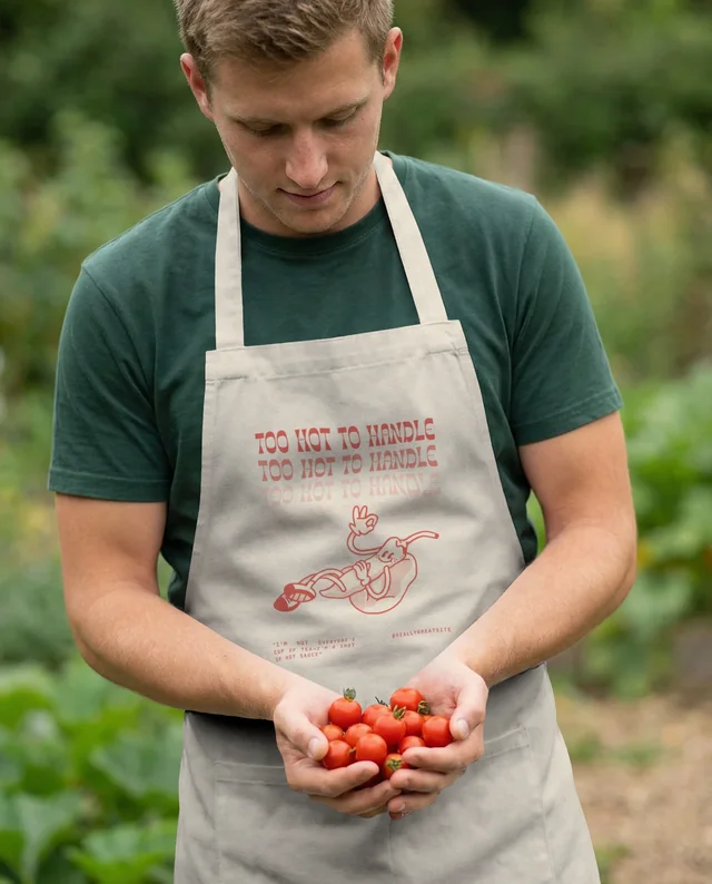 Young Man in Garden with Apron Holding Ripe Tomatoes Mockup