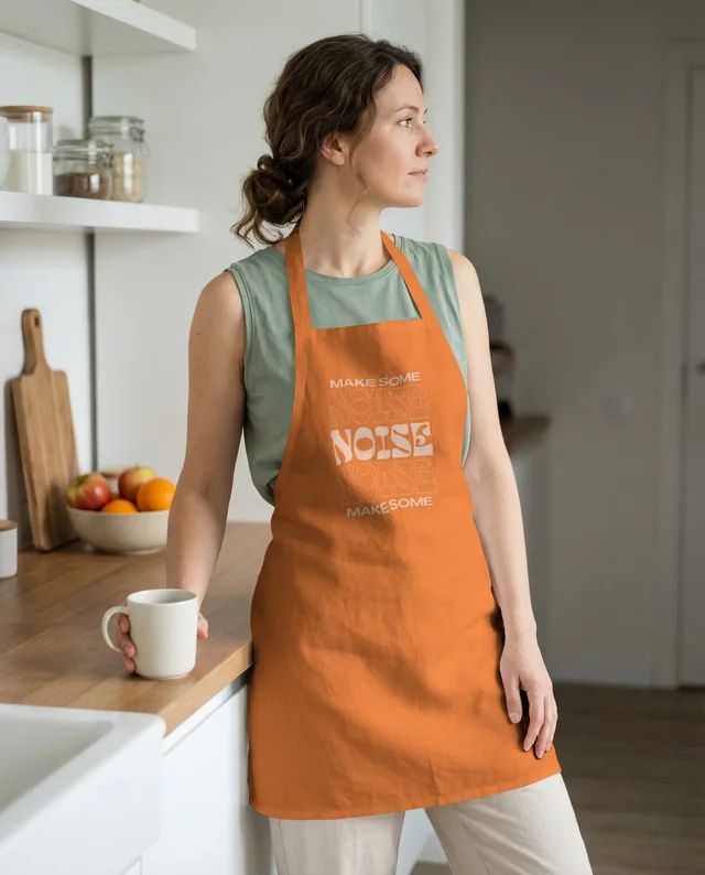 Modern Kitchen Mockup Featuring a Woman in an Apron