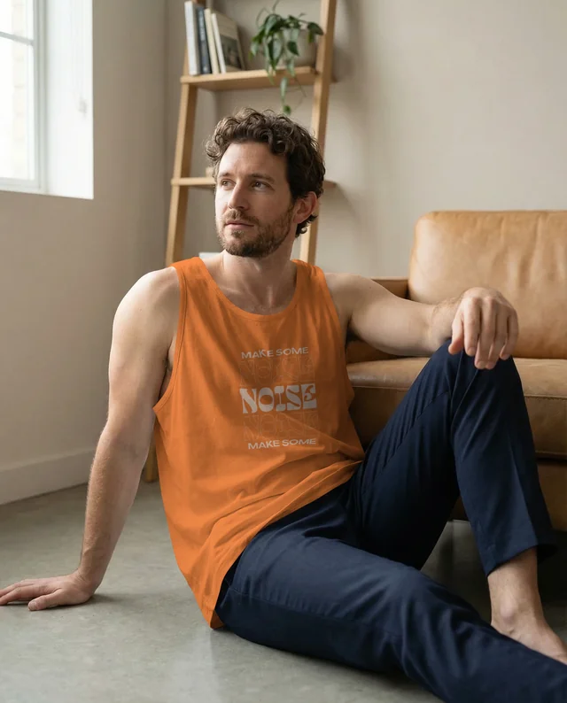 Casual Young Man in White Tank Top Mockup at Home