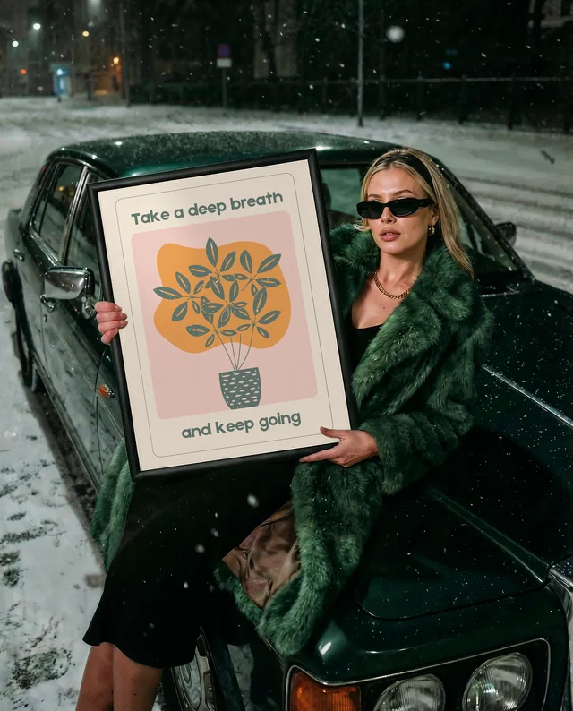 Elegant Mockup Poster of Stylish Woman in Snowy Scene