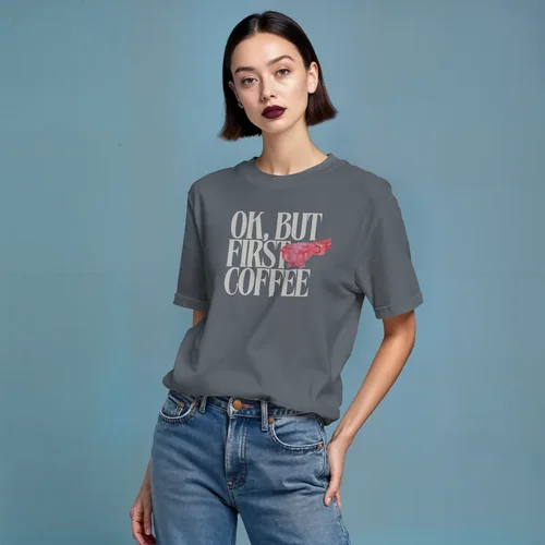 Mockup of T-Shirt Against Soft Blue Background with Colors