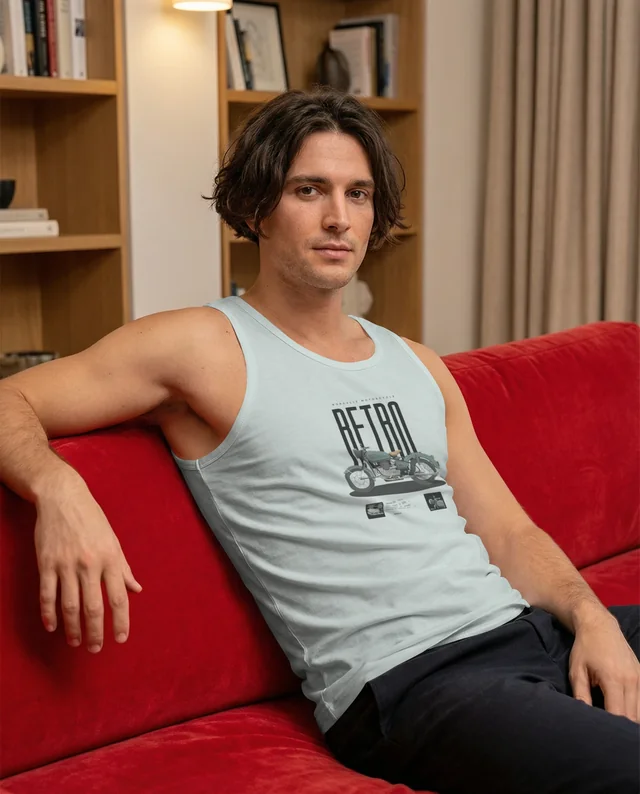 Casual Young Man in White Tank Top Mockup on Sofa