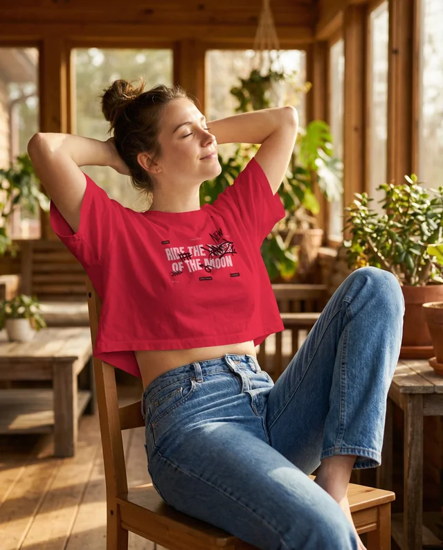 Cozy Mockup of Woman in Crop Top and Relaxed Vibe