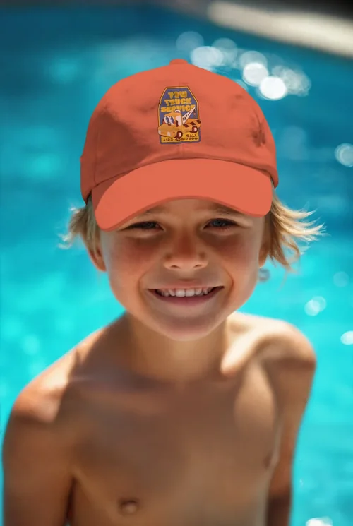 Cheerful Boy Hat Mockup by Sparkling Pool