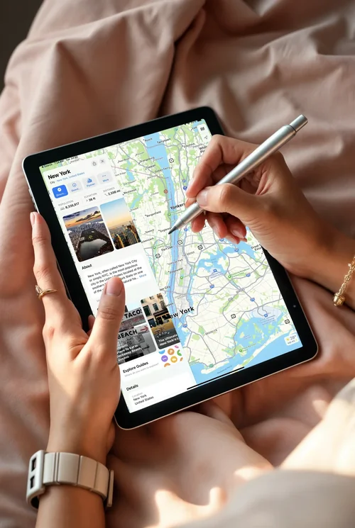 Elegant iPad Mockup with Woman in Serene Workspace