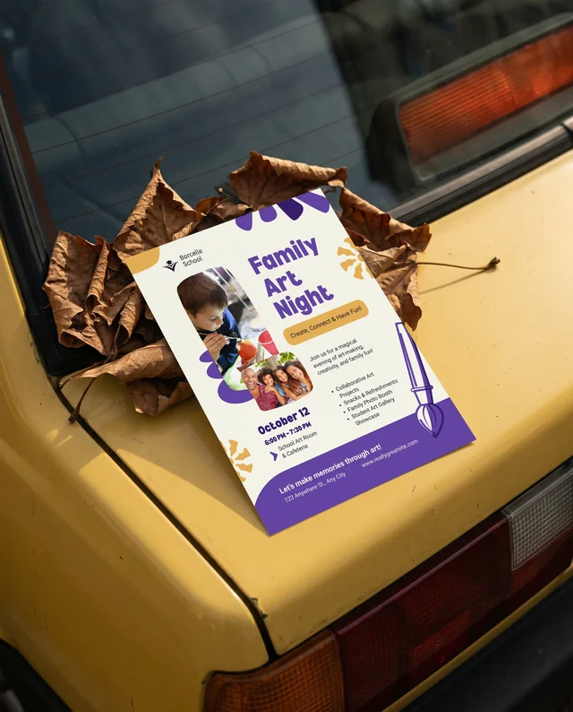 Artistic Mockup of Flyer on Yellow Car Trunk with Leaves