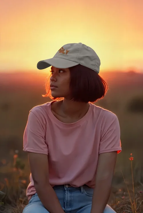 Tranquil Mockup of a Woman in a Hat at Sunset