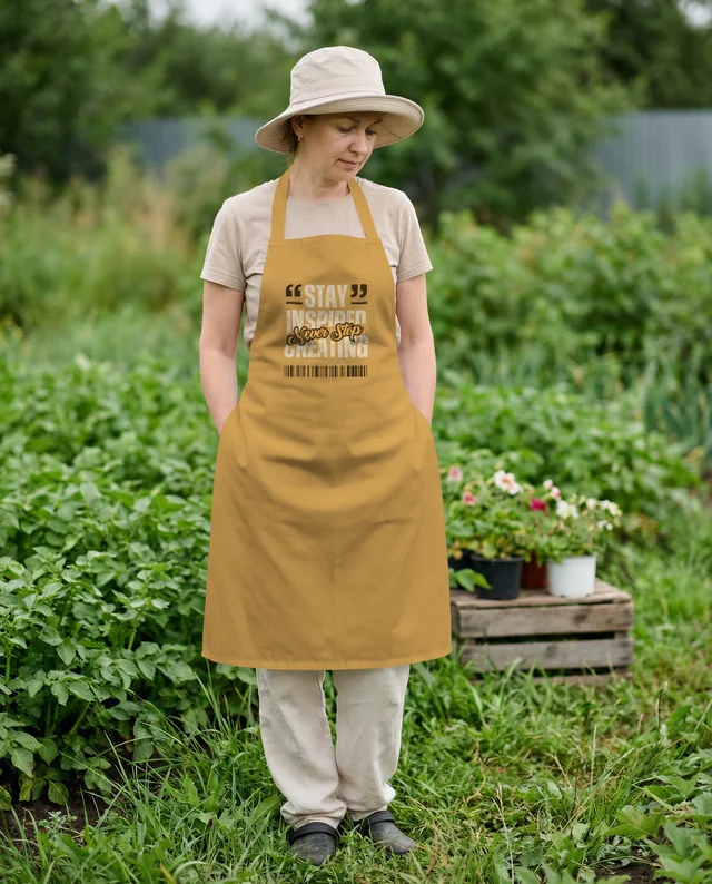 Woman in White Apron Mockup in Lush Garden Setting