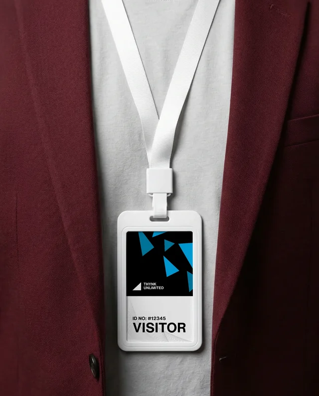 Stylish ID Card Mockup with Maroon Blazer and Lanyard