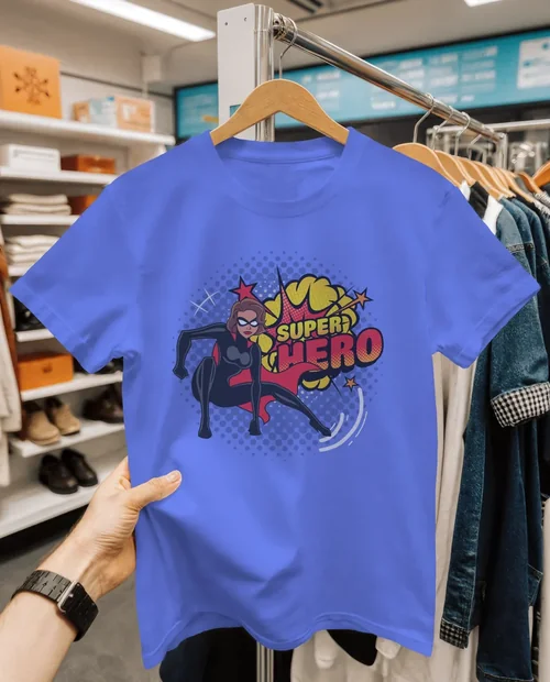 Stylish T-Shirt Mockup on Wooden Hanger in Retail Store