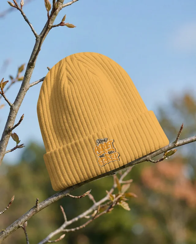 Cozy White Ribbed Beanie Mockup on Bare Tree Branch