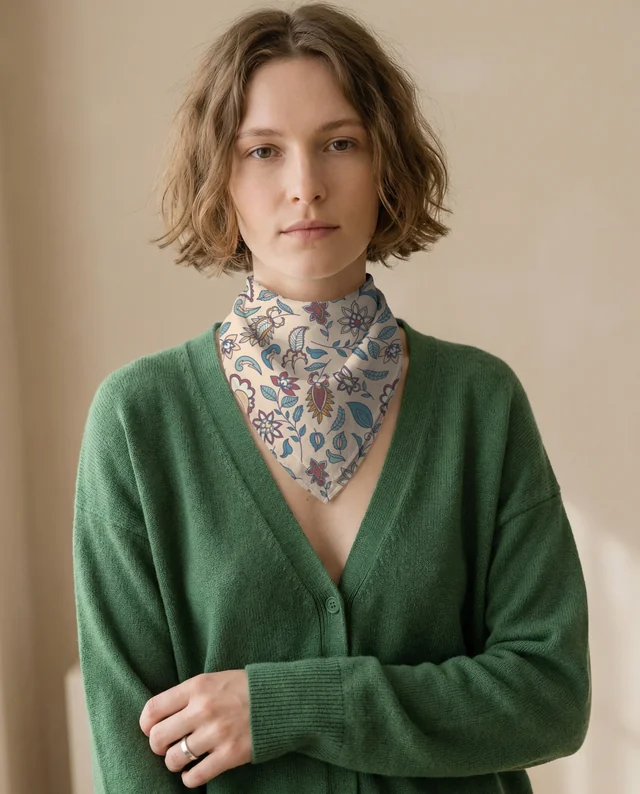 Chic Mockup of a Young Woman in a Green Cardigan and Bandana