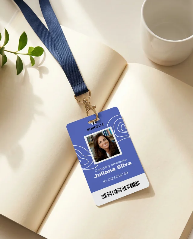 Blank ID Card Mockup with Navy Lanyard and Notebook