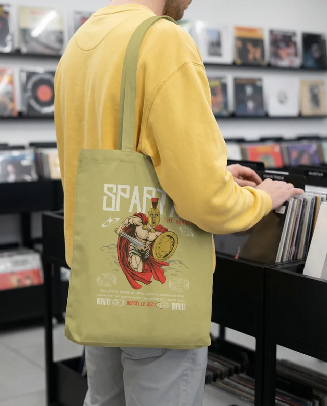 Stylish Mockup of a Tote Bag in a Record Store