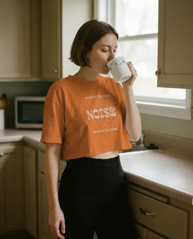 Cozy Kitchen Mockup Featuring Relaxed Woman in Crop Top