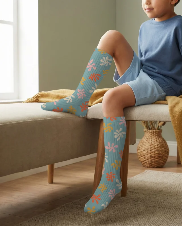 Cozy Indoor Mockup of Child Relaxing in Stylish Socks