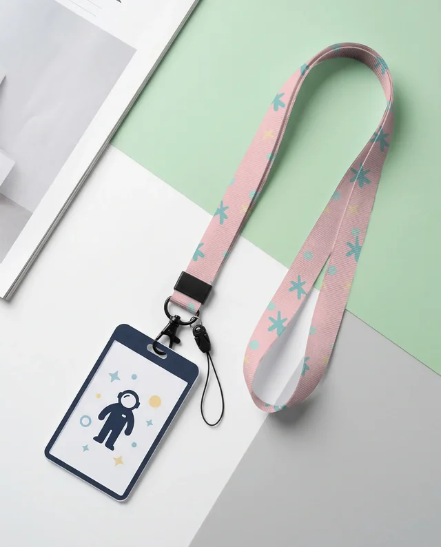 Stylish ID Badge Mockup with White Lanyard on Pastel Surface