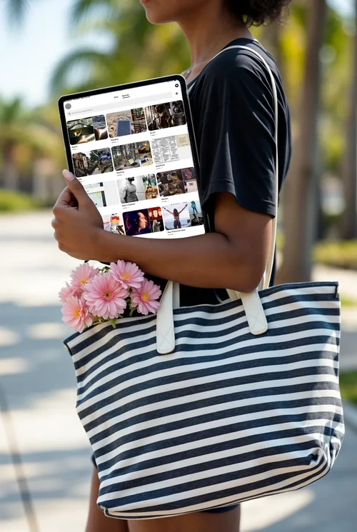 iPad Mockup: Stylish Woman with Tote Bag in Sunny Setting