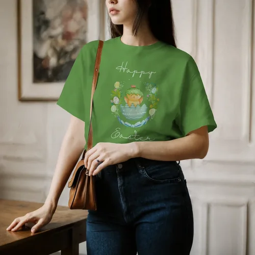 Stylish T-Shirt Mockup of a Young Woman in Minimalist Room