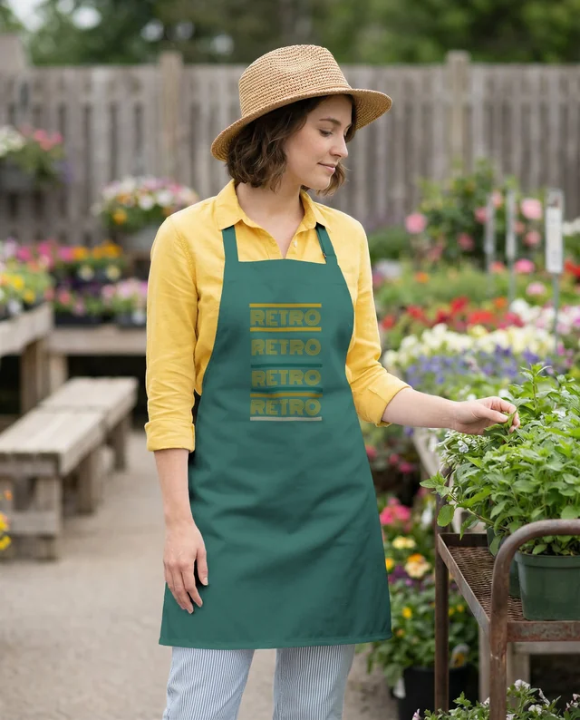 Young Woman in Apron Enjoying a Colorful Garden Mockup