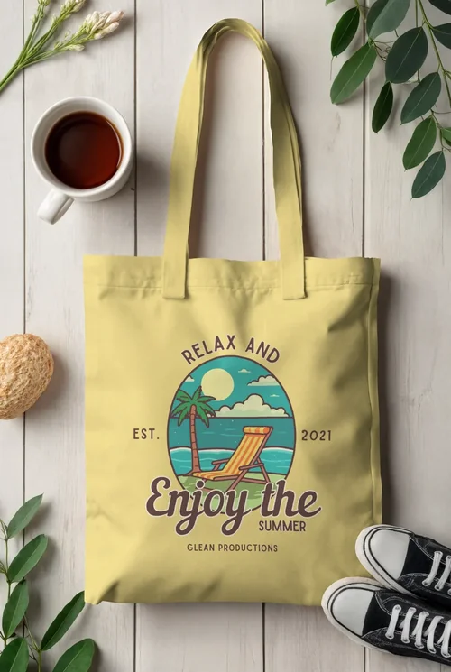 Stylish Mockup of Cream Tote Bag on Wooden Surface